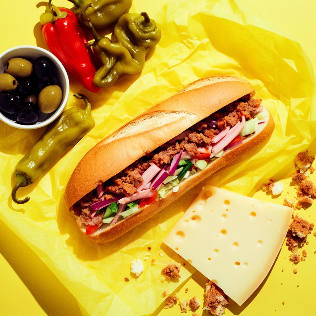 Overhead view of a deli sub on yellow paper with pickled peppers and olives