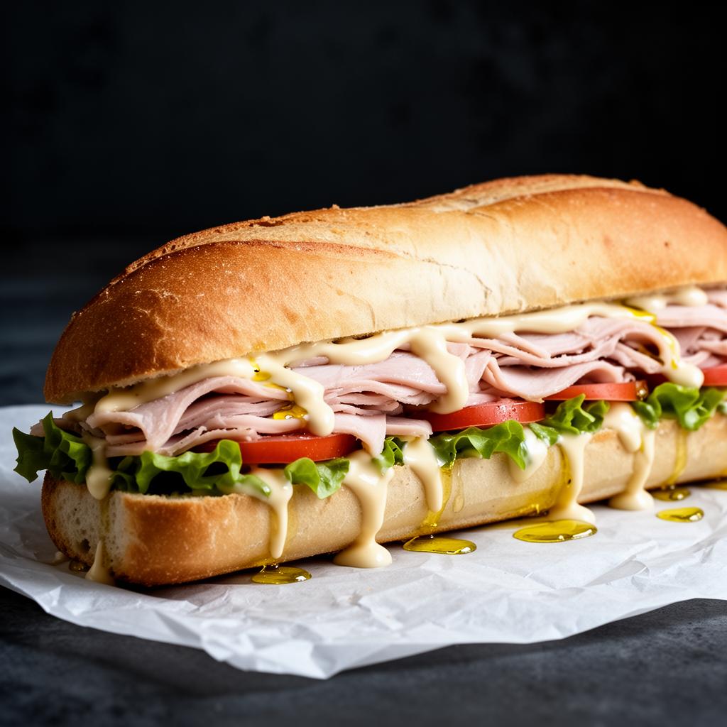 Close up of a turkey and swiss hero sandwich with mayo and oil dripping onto white parchment